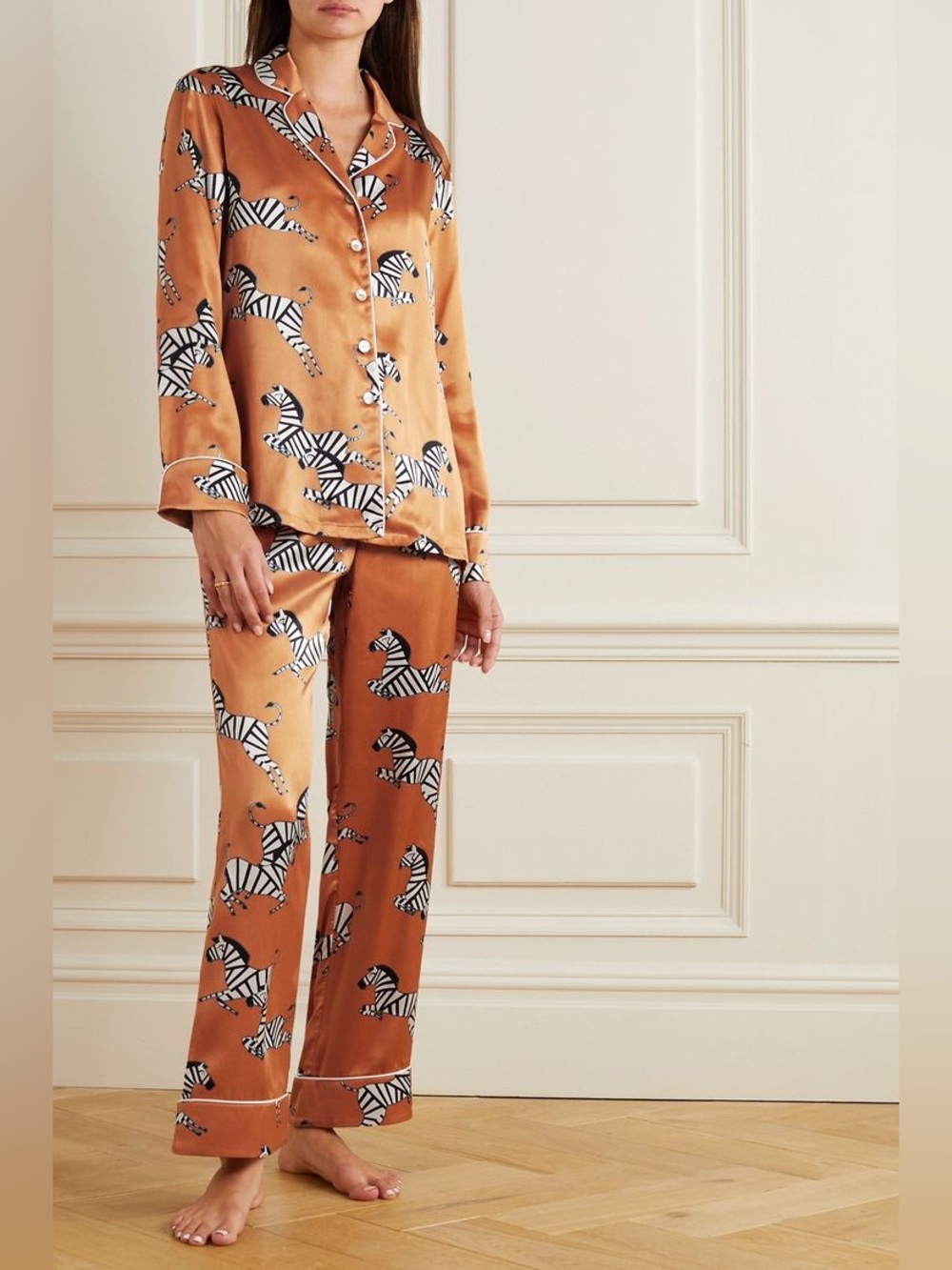 NWT Olivia Von Halle Bronze Gold Lila Silk Pajamas in Zebra Print